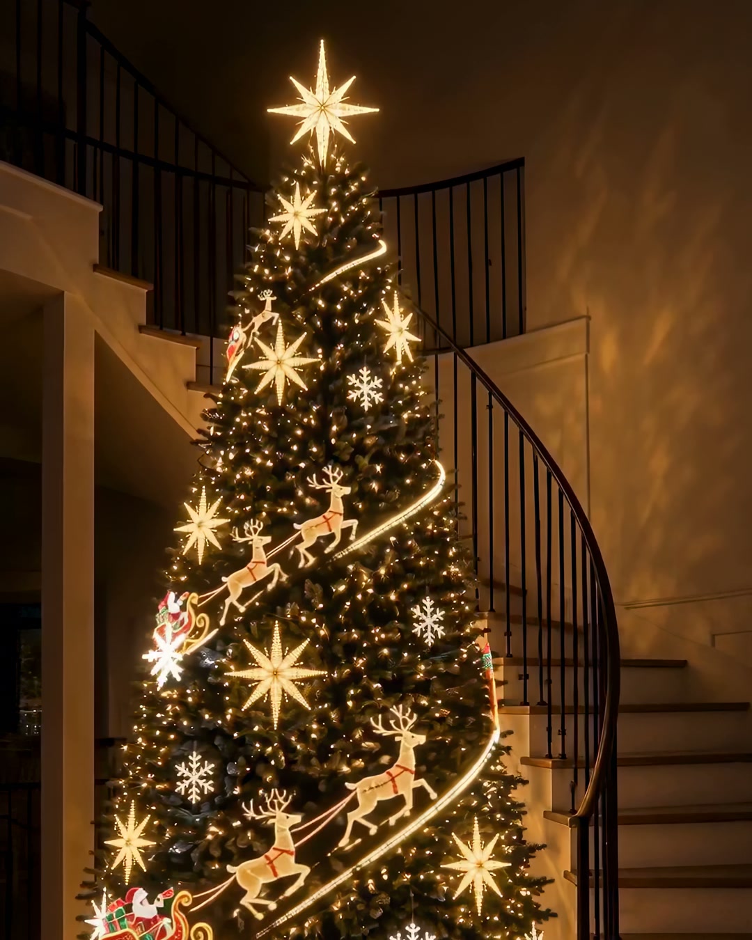 Smart animated Christmas tree lights on a decorated tree