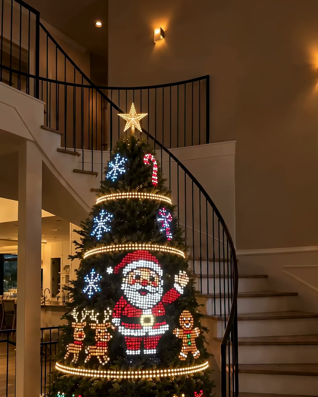 Smart animated Christmas tree lights on a decorated tree
