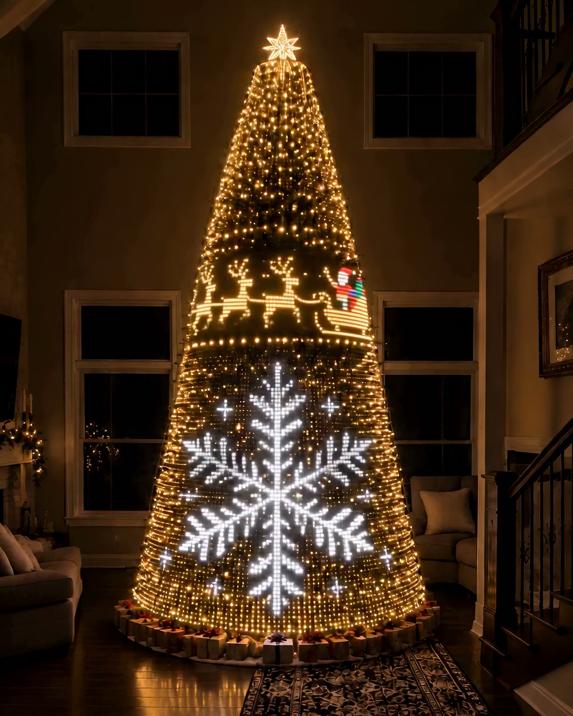 Smart animated Christmas tree lights on a decorated tree