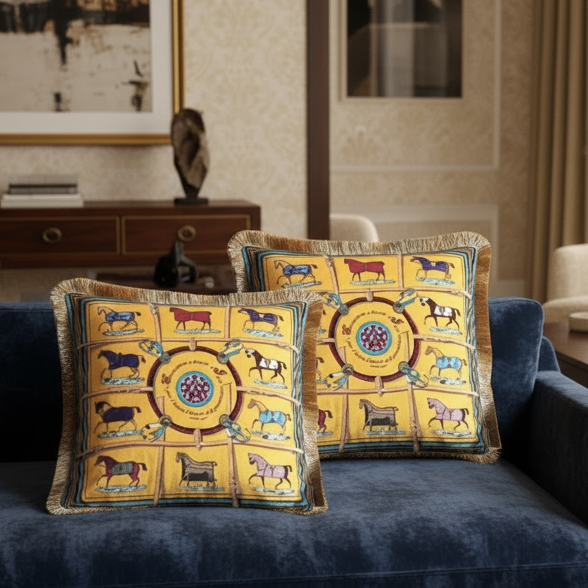 1166 Golden Stallions Velvet Pillow Cover