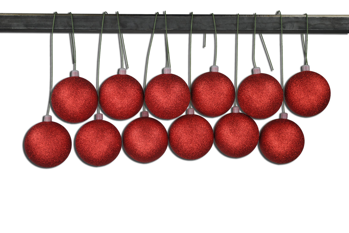 Red Glitter Shatterproof Ornaments - 80mm, 12 Pack