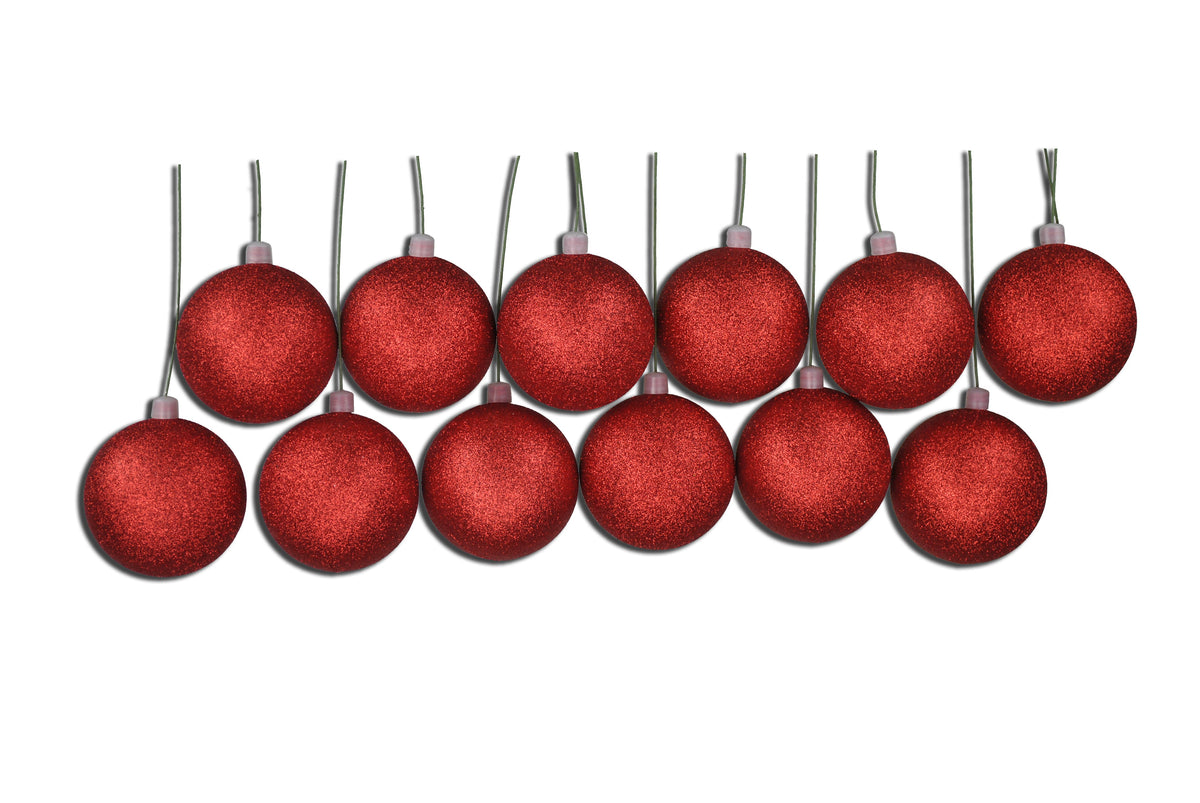 Red Glitter Shatterproof Ornaments - 80mm, 12 Pack