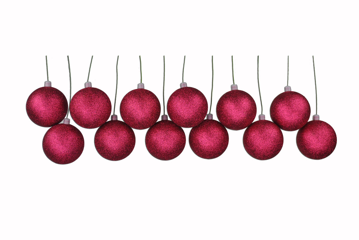 Burgundy Glitter Shatterproof Ornaments - 70mm, 12 Pack