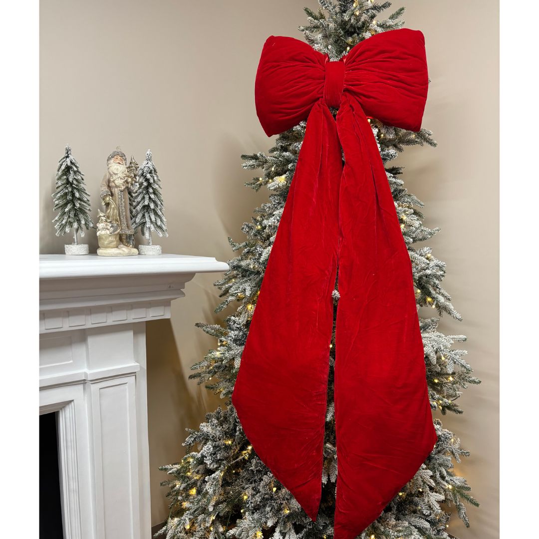 Oversized Velvet Bow Tree Topper with Long Tails - Red