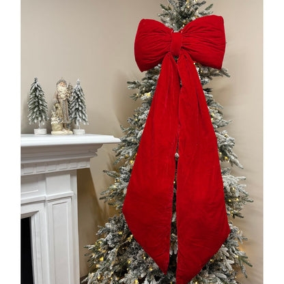 Oversized Velvet Bow Tree Topper with Long Tails - Red