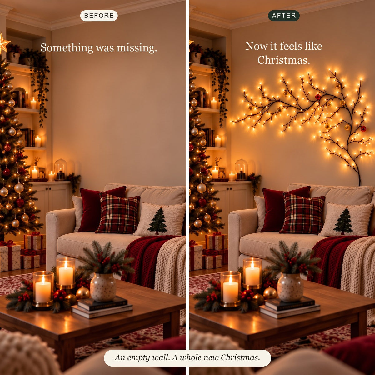Before and after: an empty wall vs. a glowing vine light