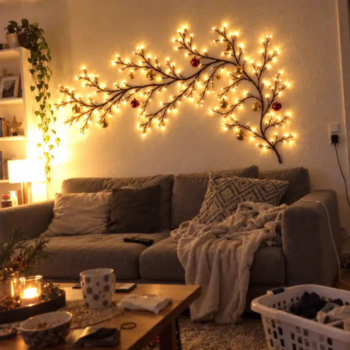 Vine light above a living room sofa