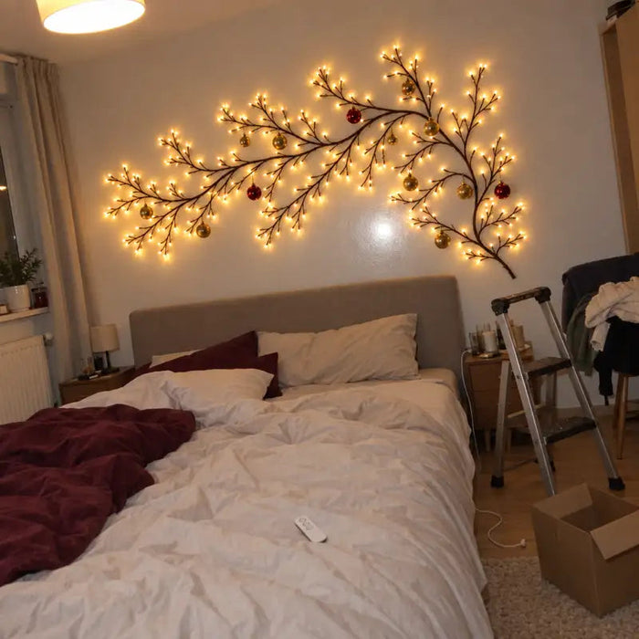 Vine light above a bed