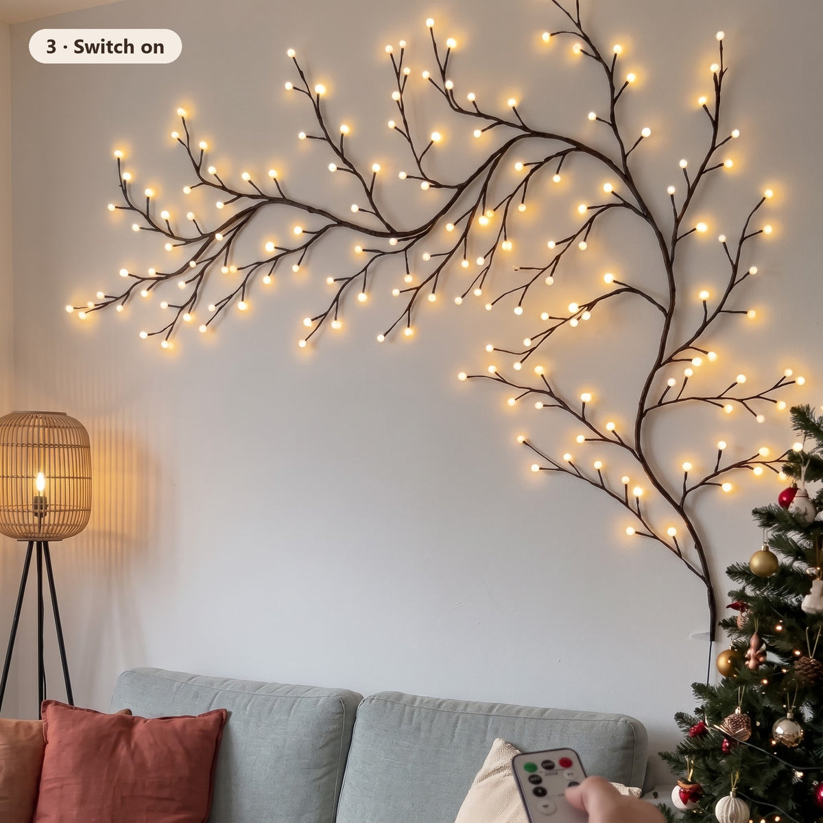 Step 3: switched on with the remote – warm white glow