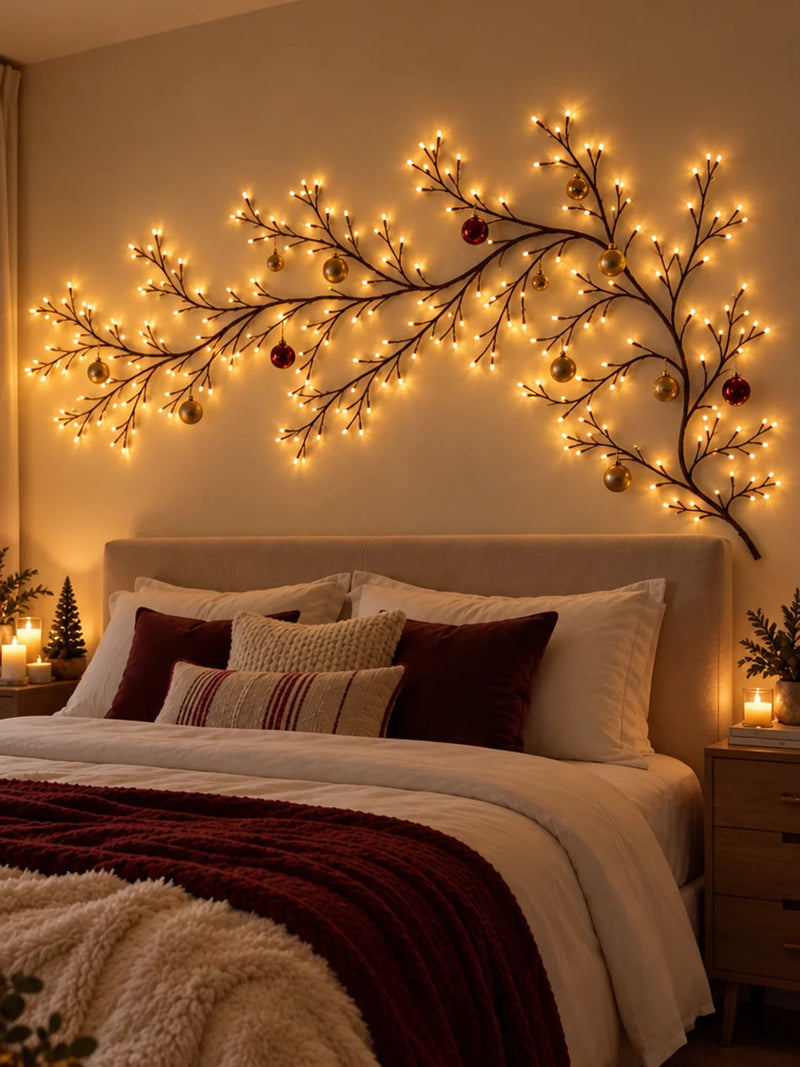Vine light above a bed headboard