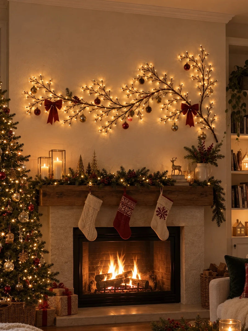 Vine light above a fireplace mantel